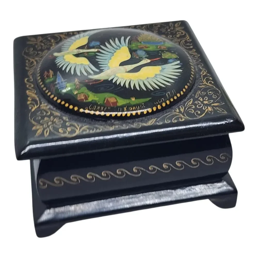 Vintage Russian Black Lacquer Trinket Box Birds Hand Painted Cranes Gold Leaf